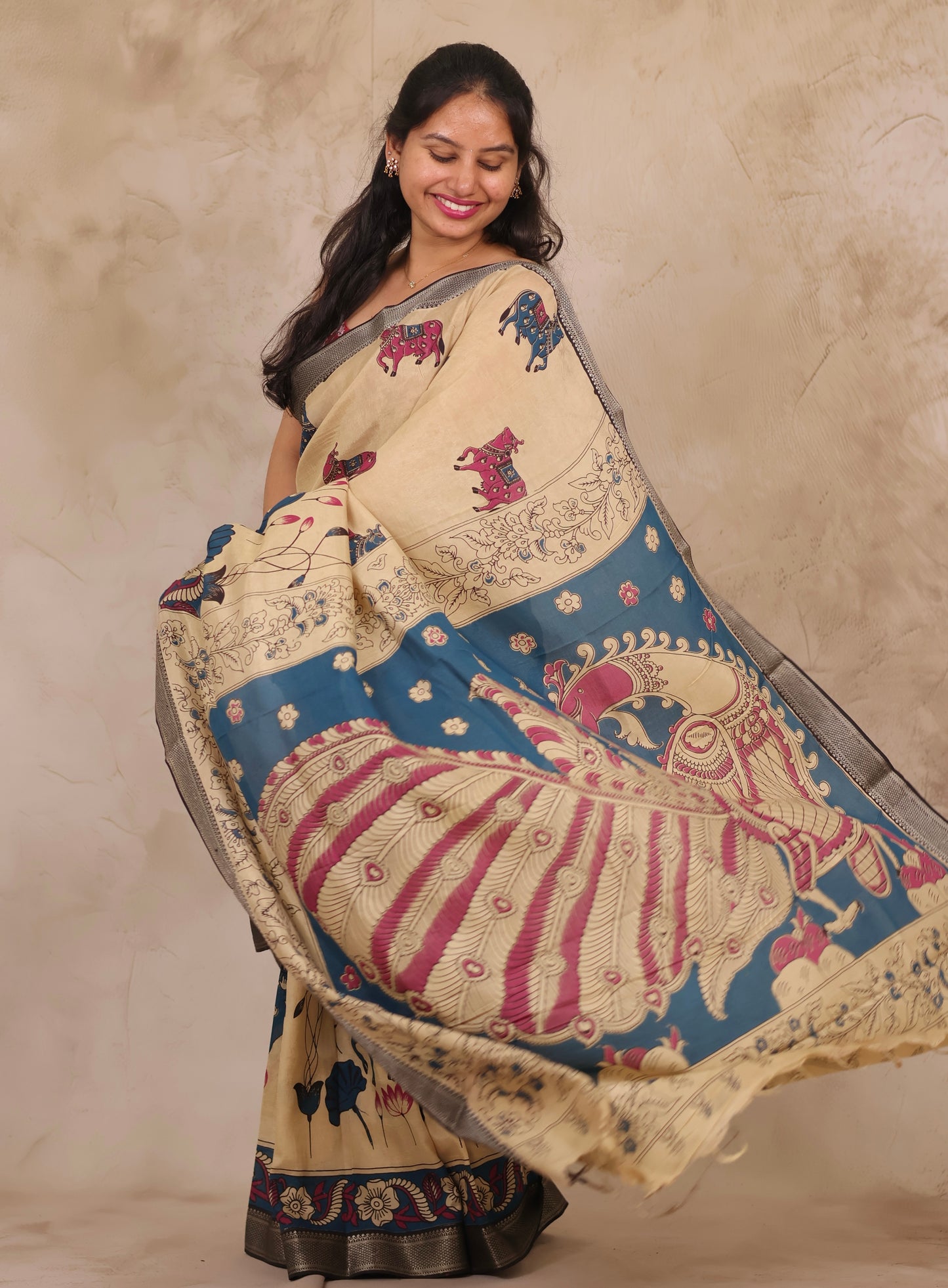 Cream Pichwai Design Kalamkari Nizam Border Chennur Silk Saree | Looms & Tassels