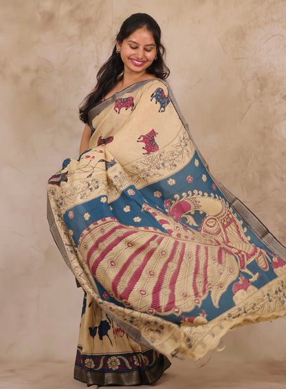 Cream Pichwai Design Kalamkari Nizam Border Chennur Silk Saree | Looms & Tassels