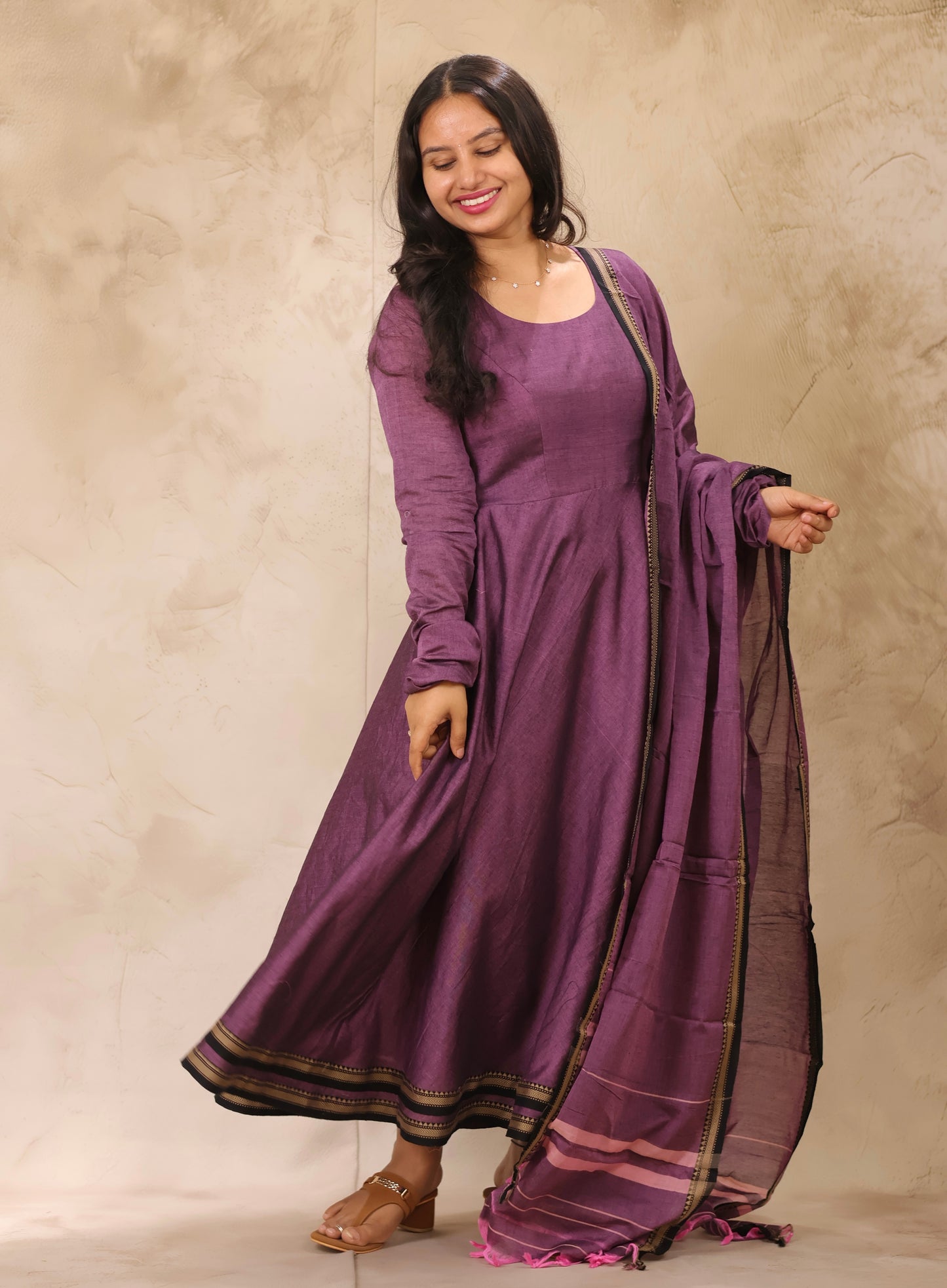 Lavender Narayanpet Cotton Anarkali Dress with Narayanpet Dupatta | Looms & Tassels
