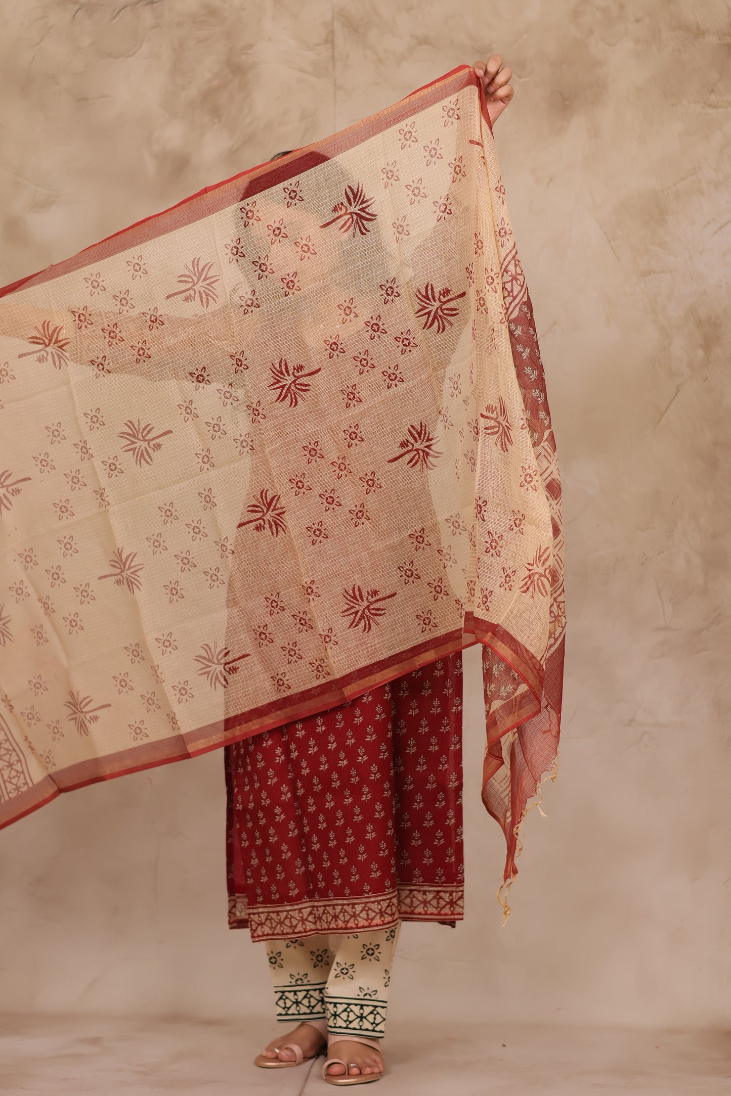 Maroon Handblock printed kota 3 piece suit (stitched)