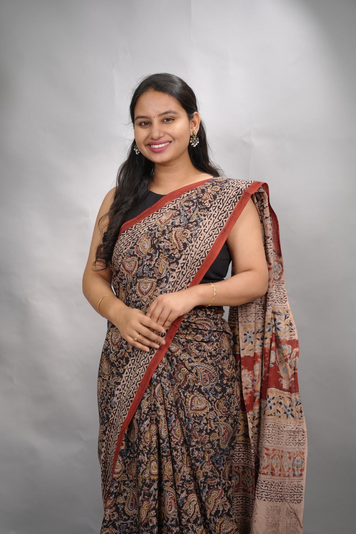 Black Hand Block Printed Kalamkari Cotton Saree | Looms & Tasselse