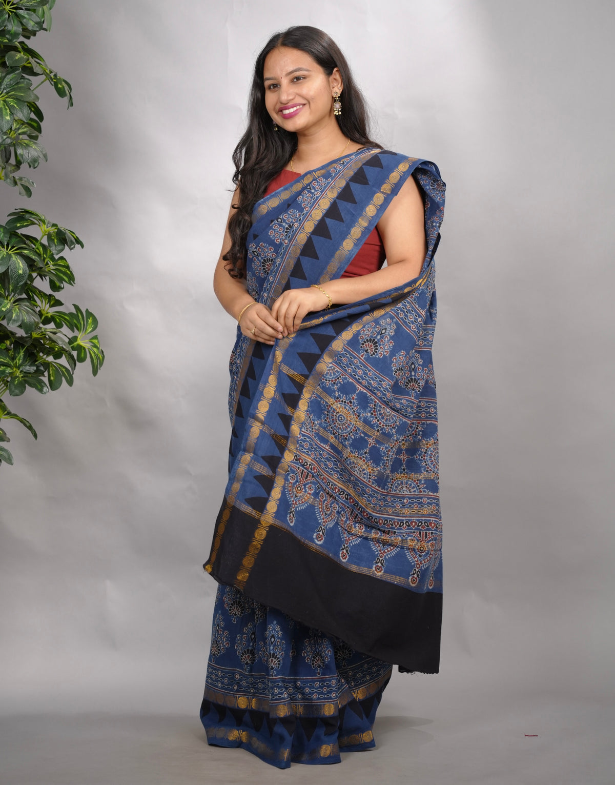 Indigo Ajrakh Hand Block Printed Sungudi Cotton Saree | Looms & Tassels