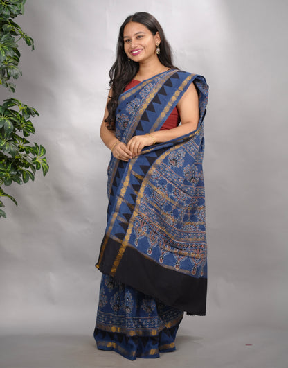 Indigo Ajrakh Hand Block Printed Sungudi Cotton Saree | Looms & Tassels