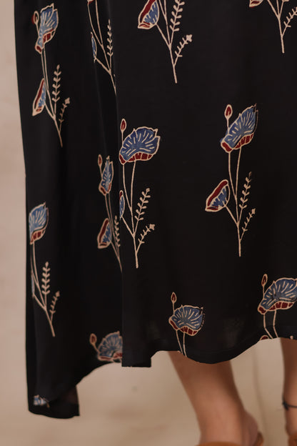 Black Ajrakh Modal Silk Aline Dress | Looms & Tassels