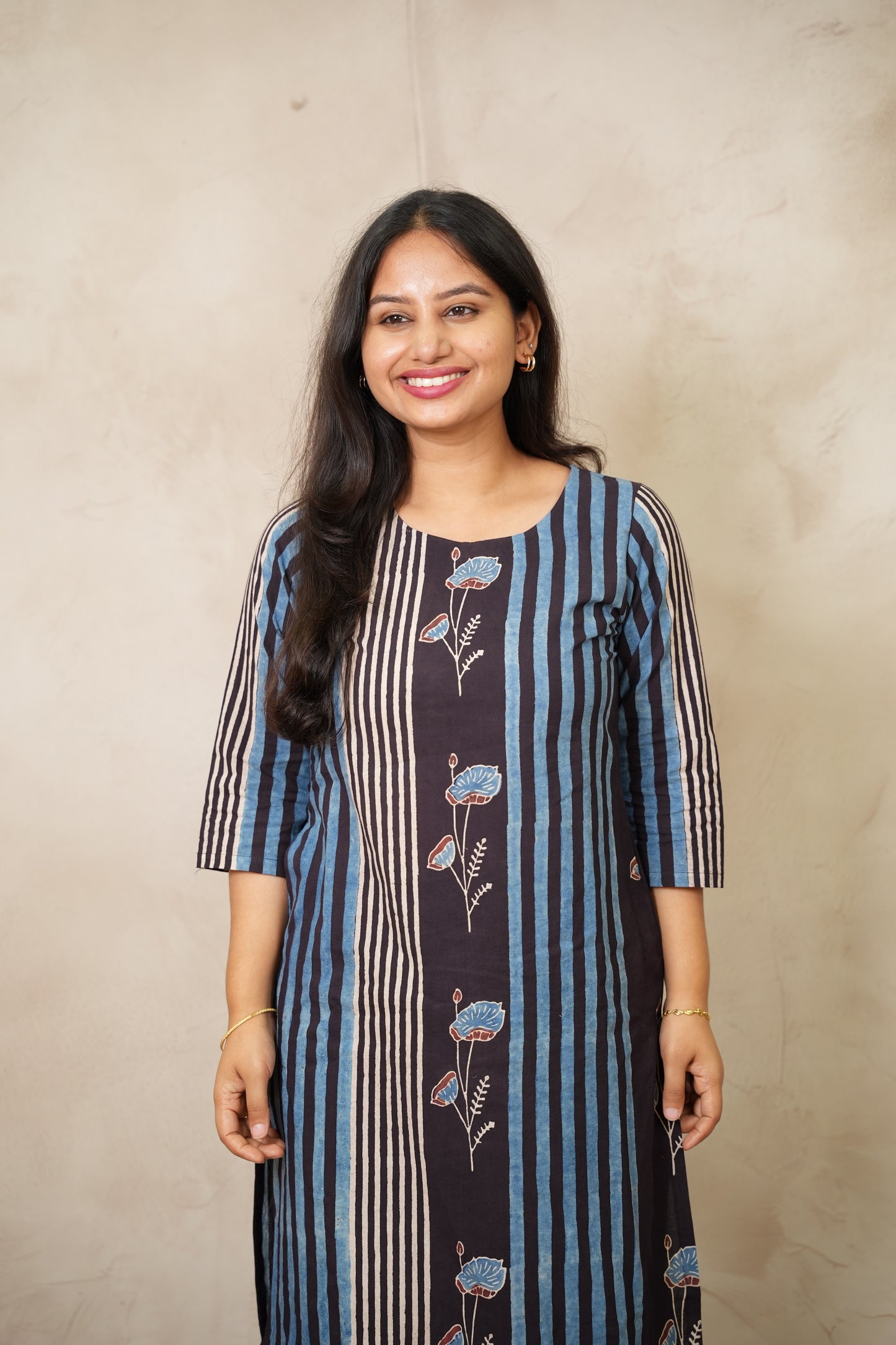 Blue & Black Ajrakh Pattern Hand Block printed Kurti | Looms & Tassels