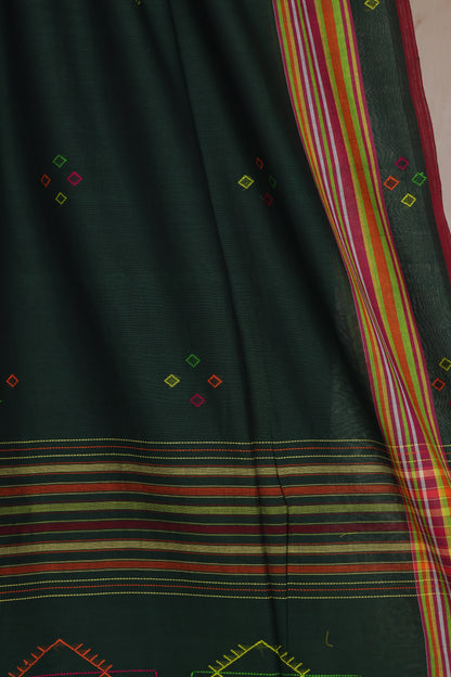 Bottle Green Bhujodi weaving Malai Cotton Saree | Looms & Tassels