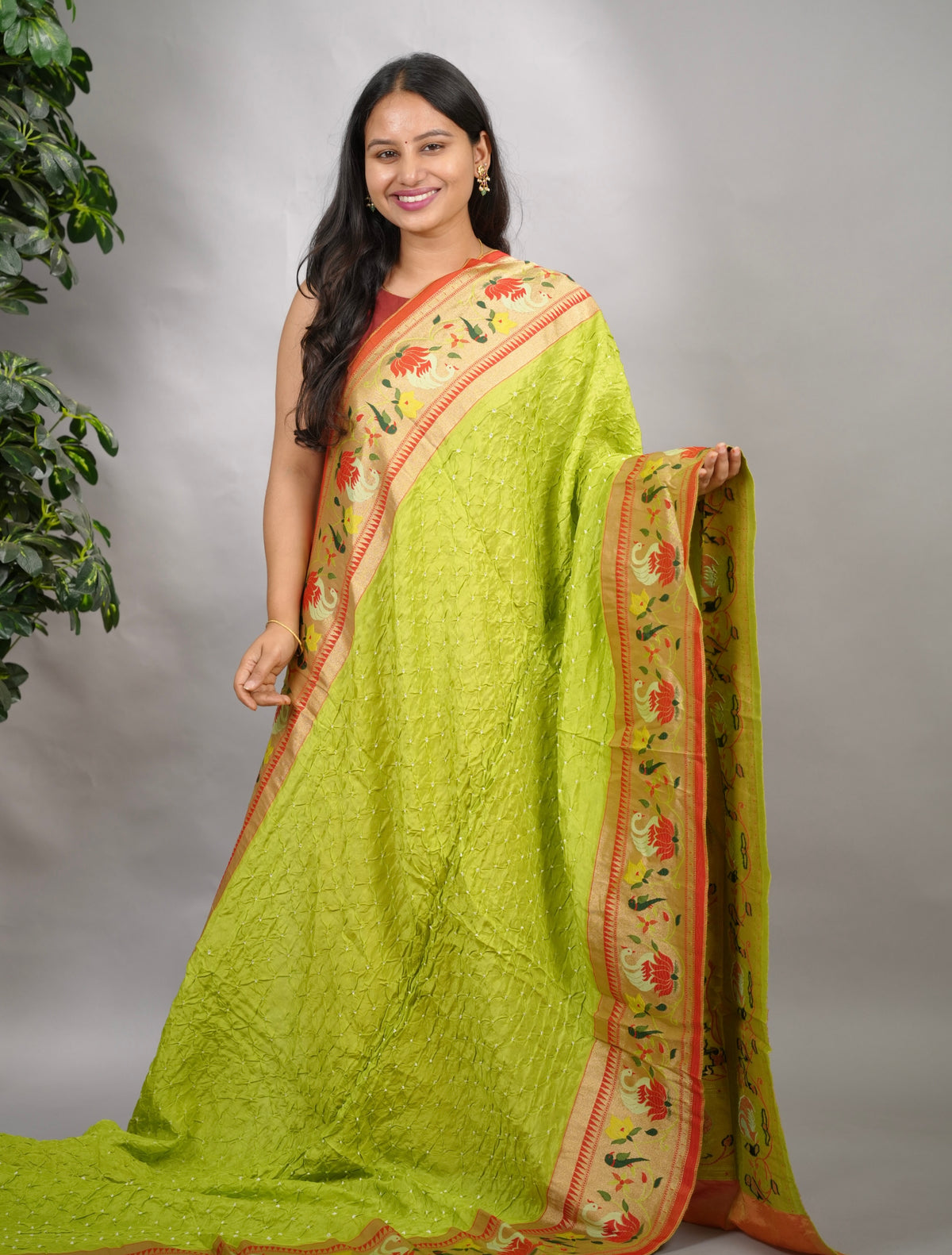 Parrot Green Handcrafted Bandhani Paithani Dola Silk Saree | Looms & Tassels