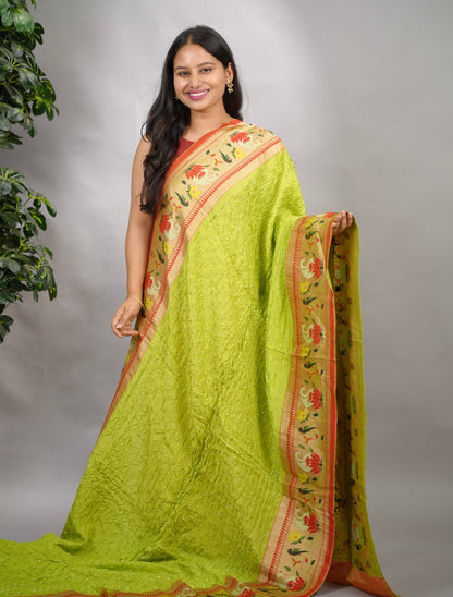 Parrot Green Handcrafted Bandhani Paithani Dola Silk Saree | Looms & Tassels
