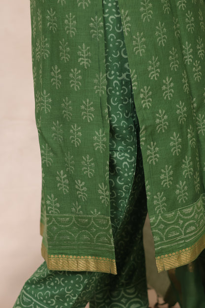 Green Handblock printed Pure Maheswari Silk 3 piece suit (stitched)
