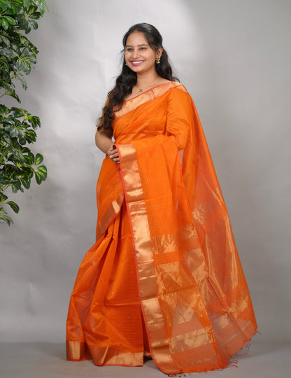 Orange Checks Handloom Maheswari Silk Cotton Sarees | Looms & Tassels
