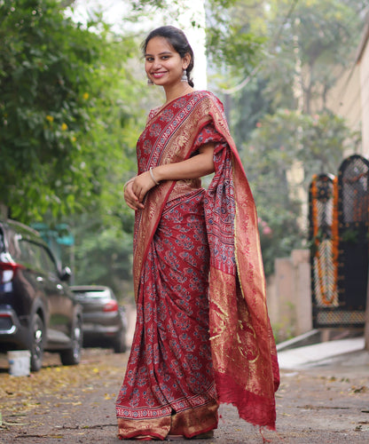 Red Floral Motifs Ajrakh Handblock Printed Dola Silk Saree