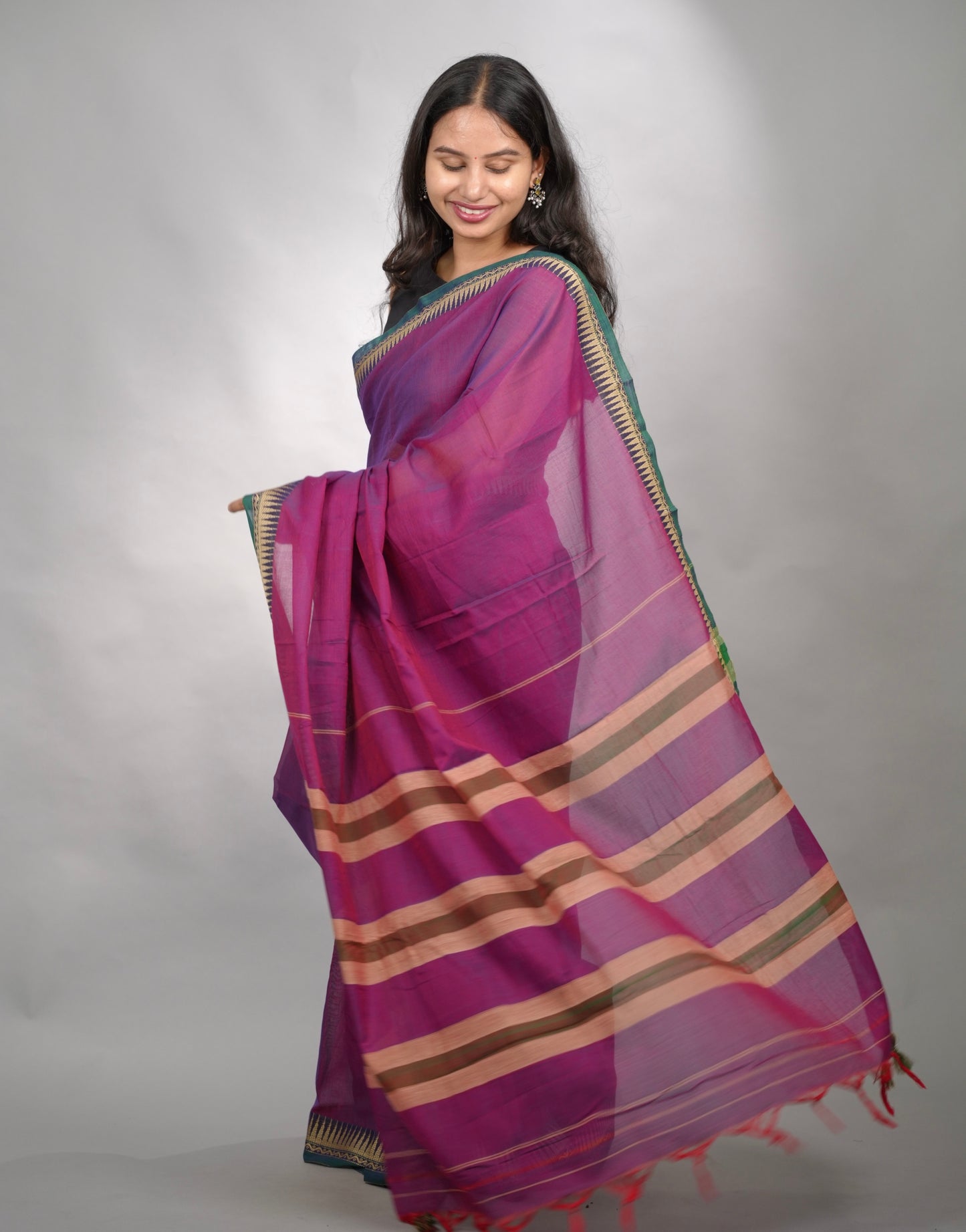 Purple Narayanpet Cotton Saree With Temple Border | Looms & Tassels