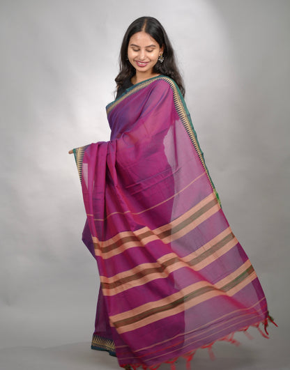 Purple Narayanpet Cotton Saree With Temple Border | Looms & Tassels