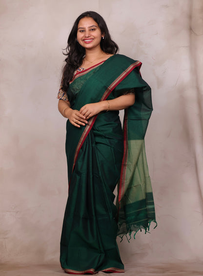 Bottle Green Narayanpet Cotton Saree | Looms & Tassels