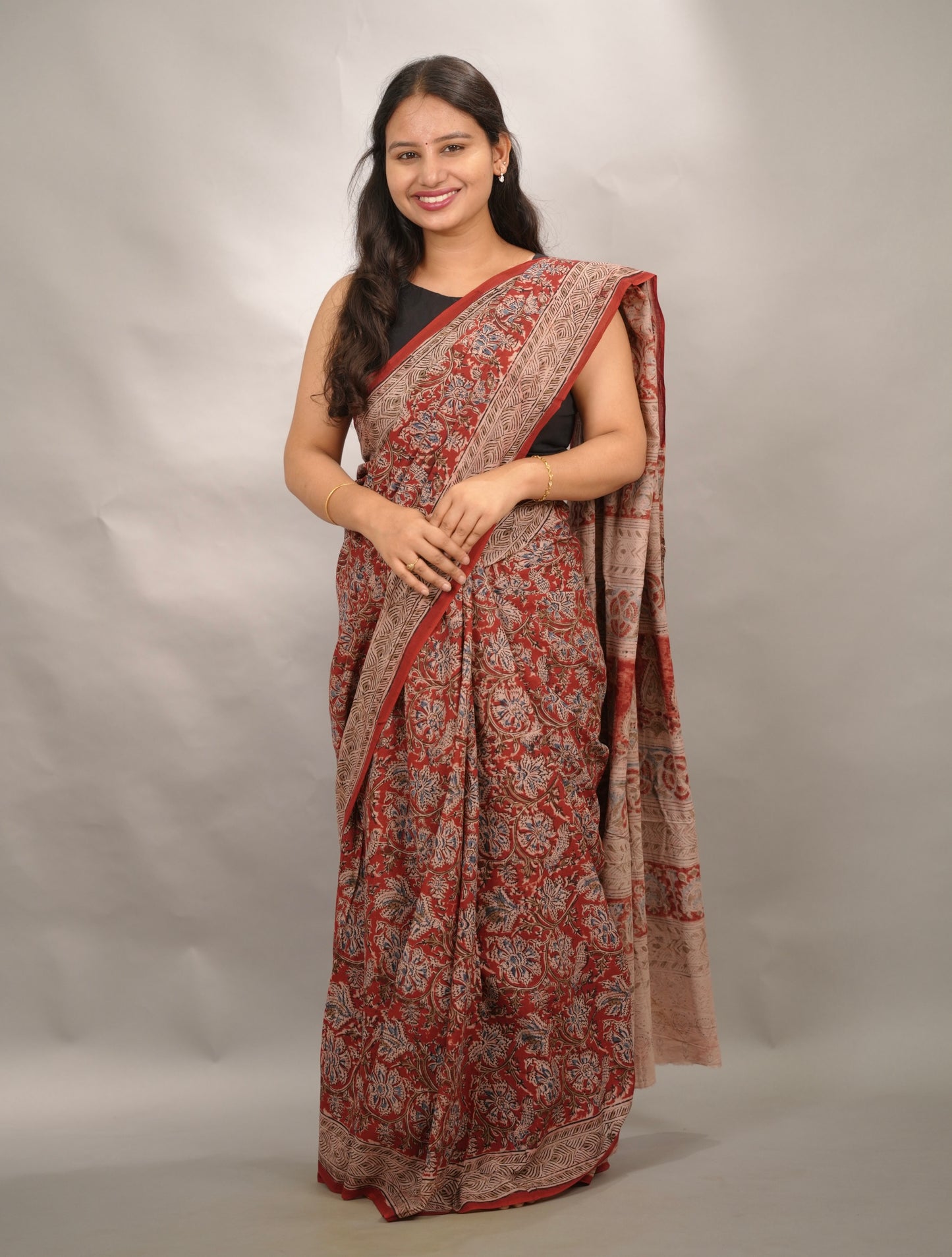 Red Hand Block Printed Kalamkari Cotton Saree | Looms & Tassels