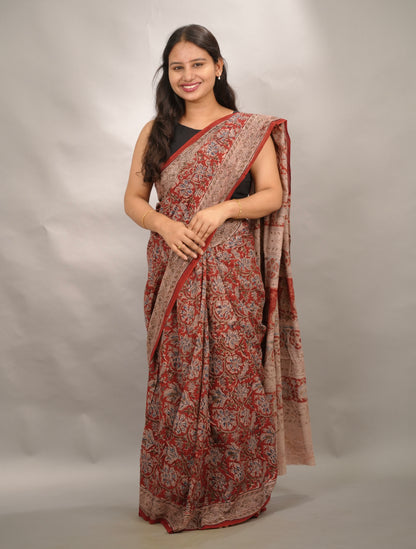 Red Hand Block Printed Kalamkari Cotton Saree | Looms & Tassels