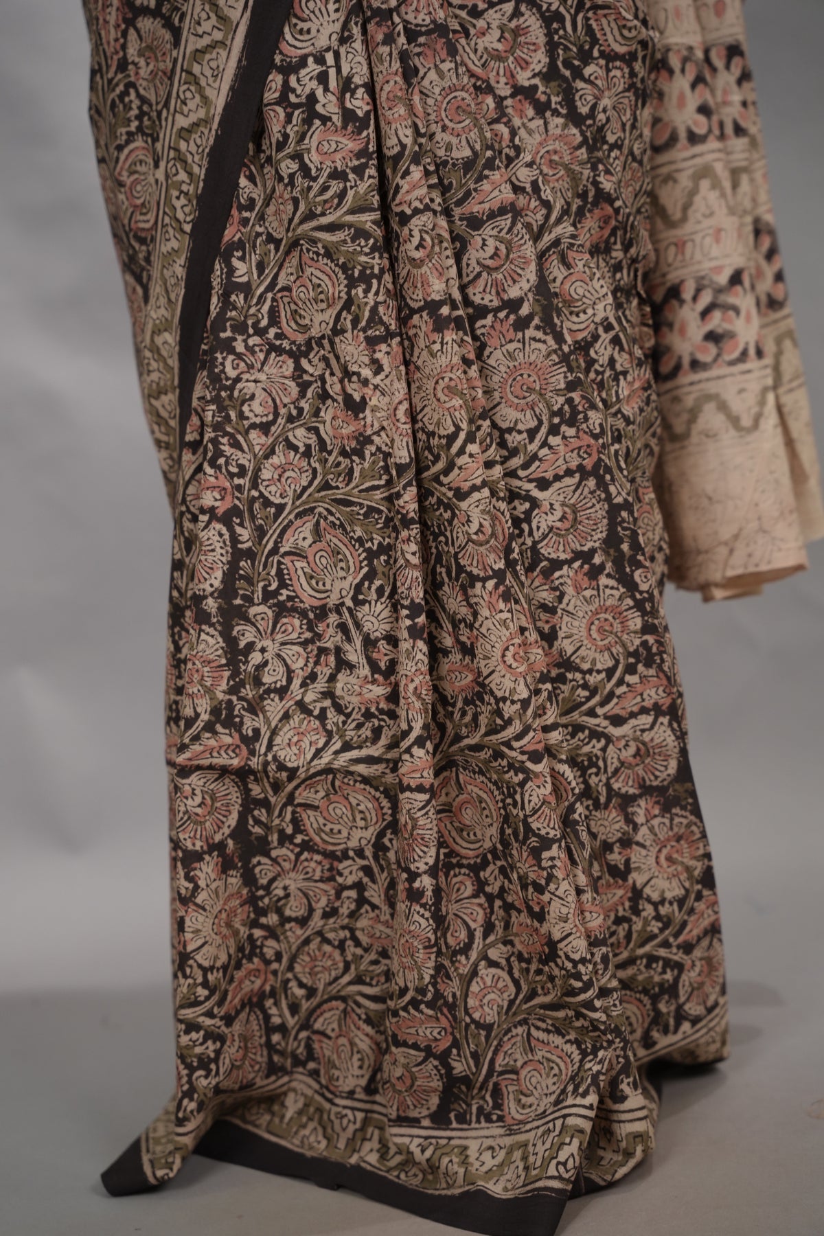 Light Black Hand Block Printed Kalamkari Cotton Saree | Looms & Tassels