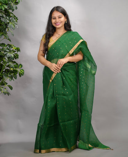 Bottle Green Handwoven Muslin Silk Saree With Sequence Work | Looms & Tassels