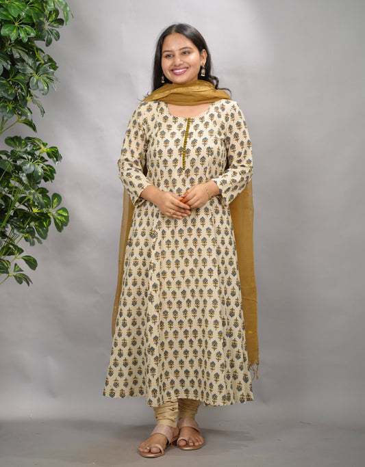 Cream Ajrakh Cotton Kali Kurta | Looms & Tassels