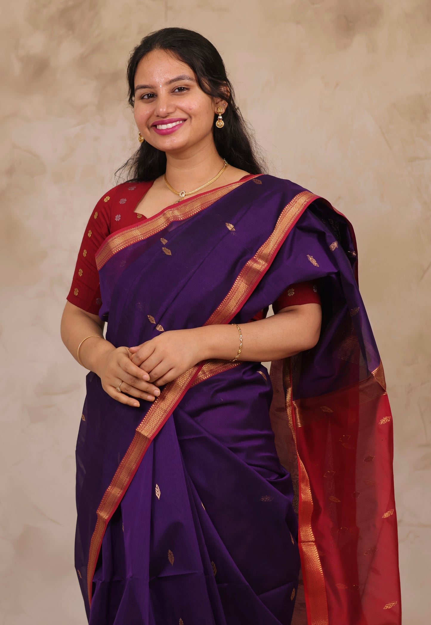 Purple Handloom Maheswari Silk Cotton Sarees | Looms & Tassels