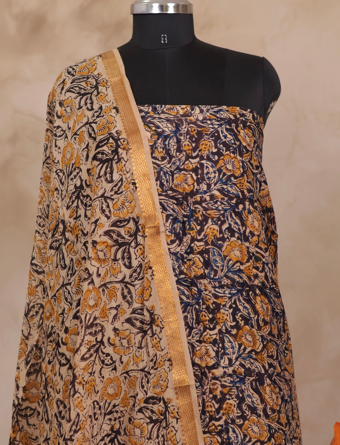 Hand Block Printed Kalamkari Unstitched 3pc Suit Set