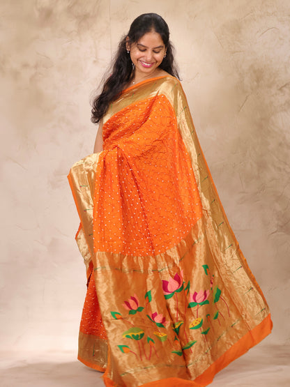 Orange Handcrafted Bandhani Paithani Dola Silk Saree | Looms & Tassels