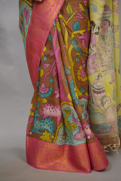Brown Hand Drawn Pen Kalamkari Bangalore Silk Kanchi Border Saree | Looms & Tassels