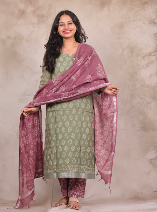 Linen Cotton Handblock printed 3 piece suit (stitched)