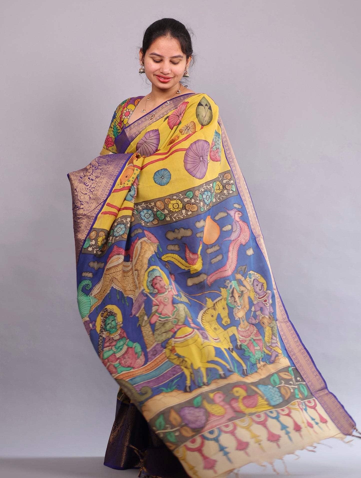 Yellow Hand Painted Pen Kalamkari Silk Saree