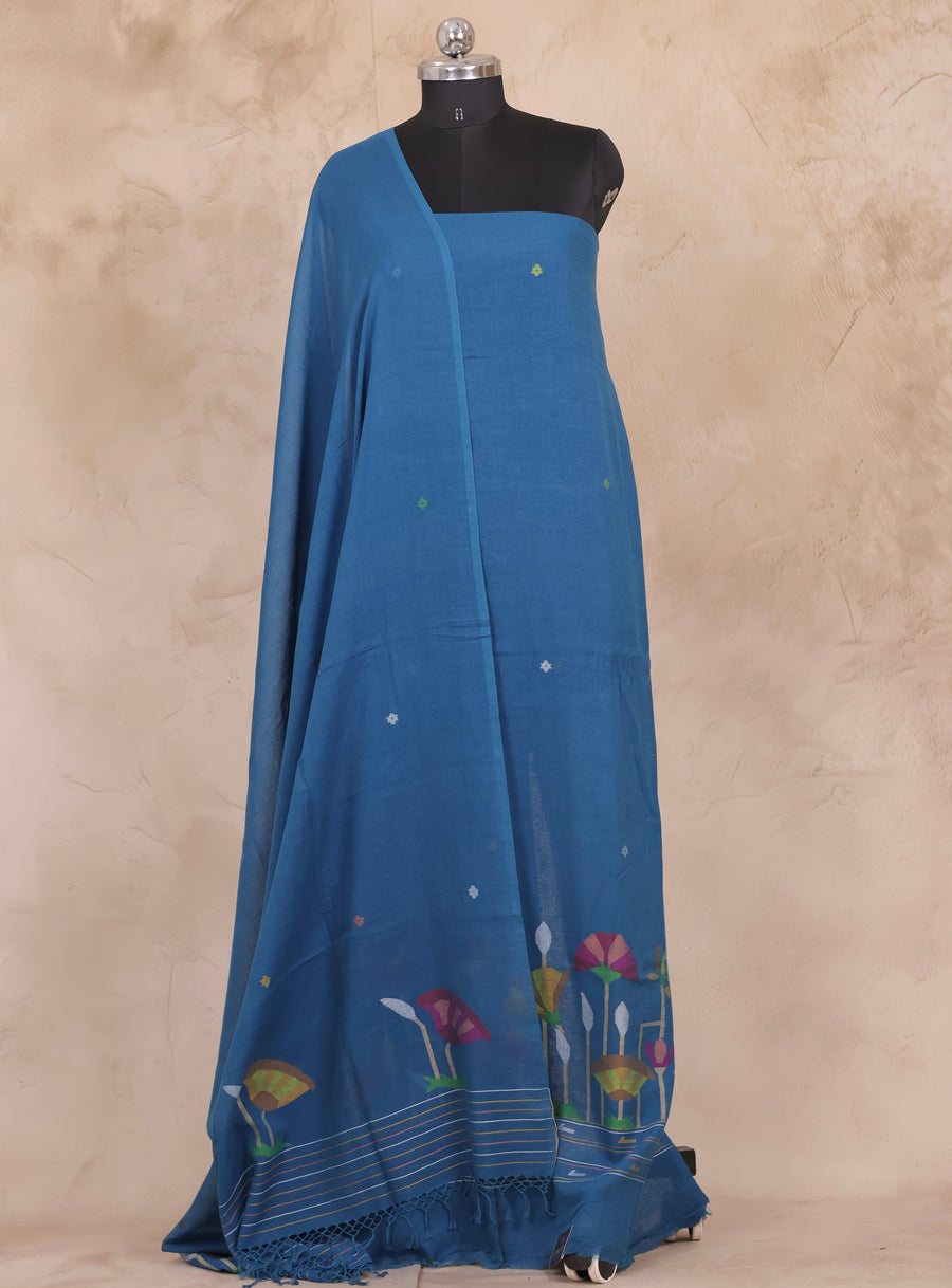 Blue Handwoven Jamdhani weaving pure Malai cotton 2 piece suit sets | Looms & Tassels