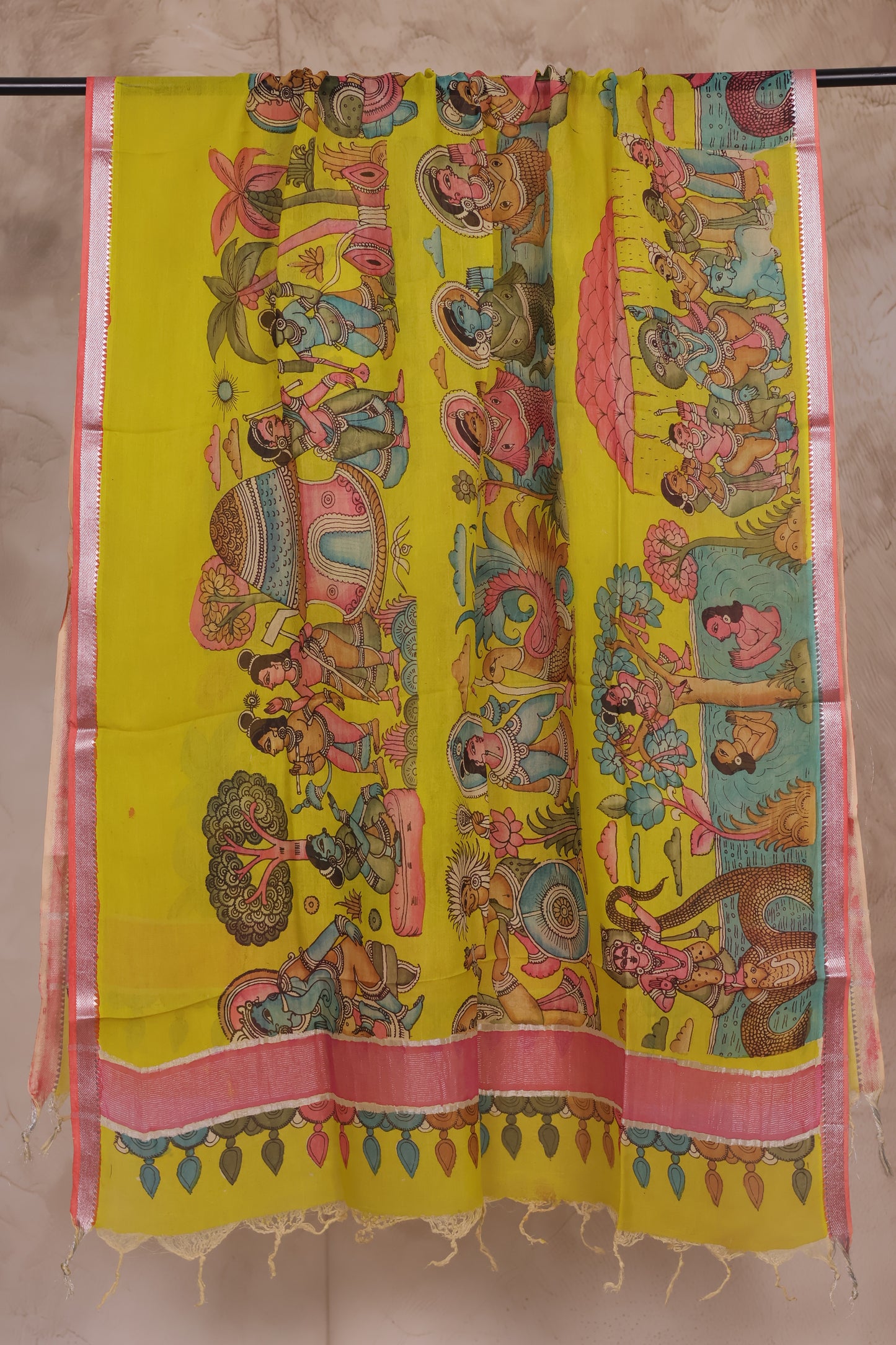 Yellow Pen Kalamkari Mangalagiri silk Dupatta