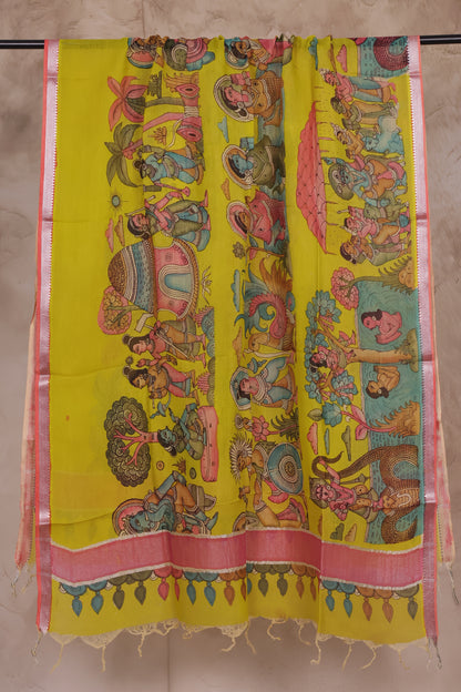 Yellow Pen Kalamkari Mangalagiri silk Dupatta