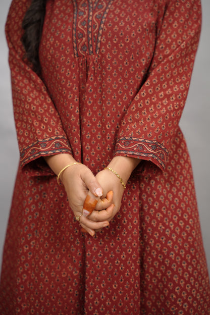 Rust Maroon Butti Ajrakh Cotton Kali Kurta | Looms & Tassels