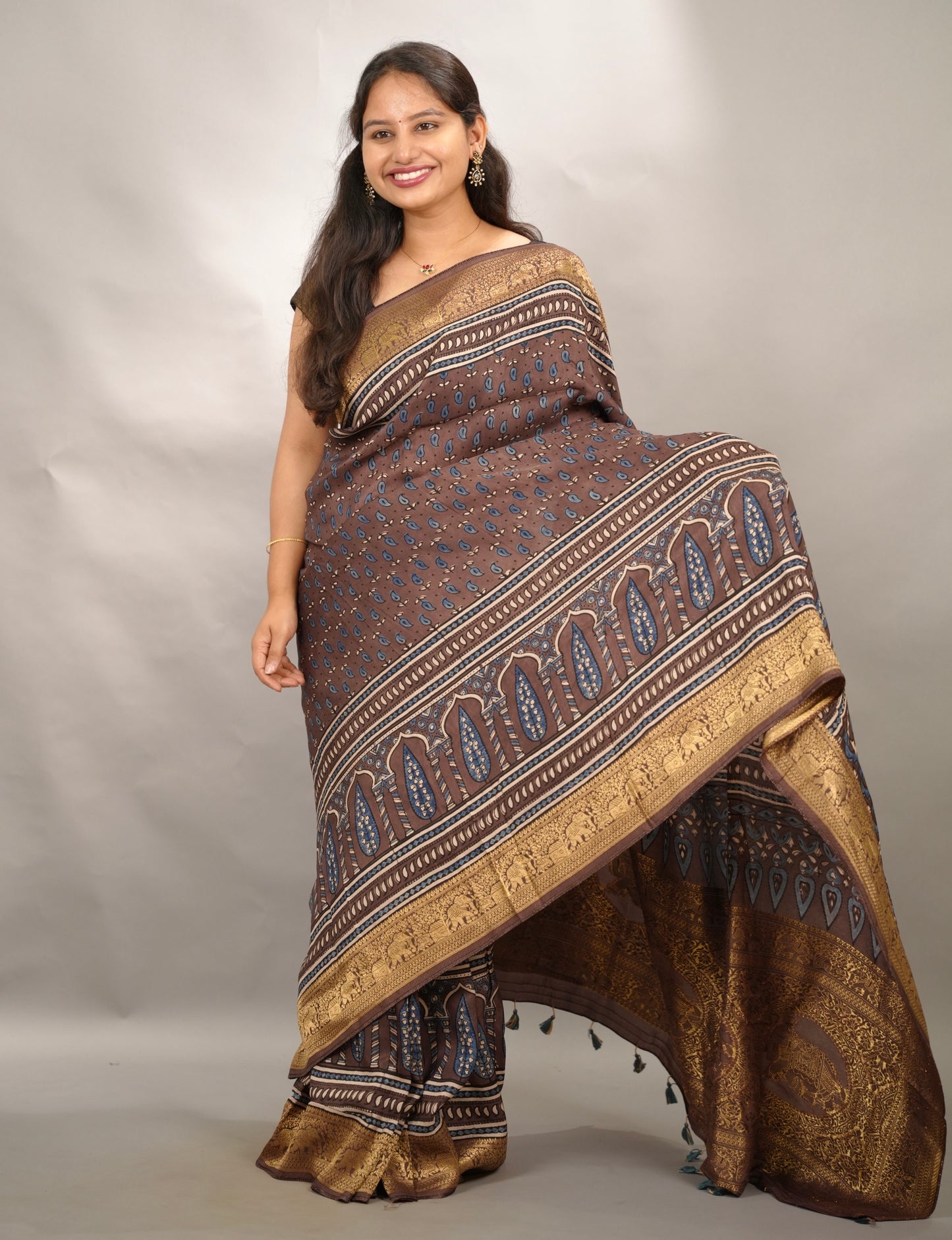 Ajrakh Handblock printed Dola Silk Saree | Looms & Tassels