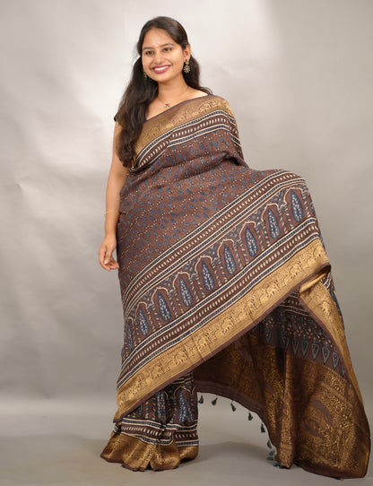 Ajrakh Handblock printed Dola Silk Saree | Looms & Tassels