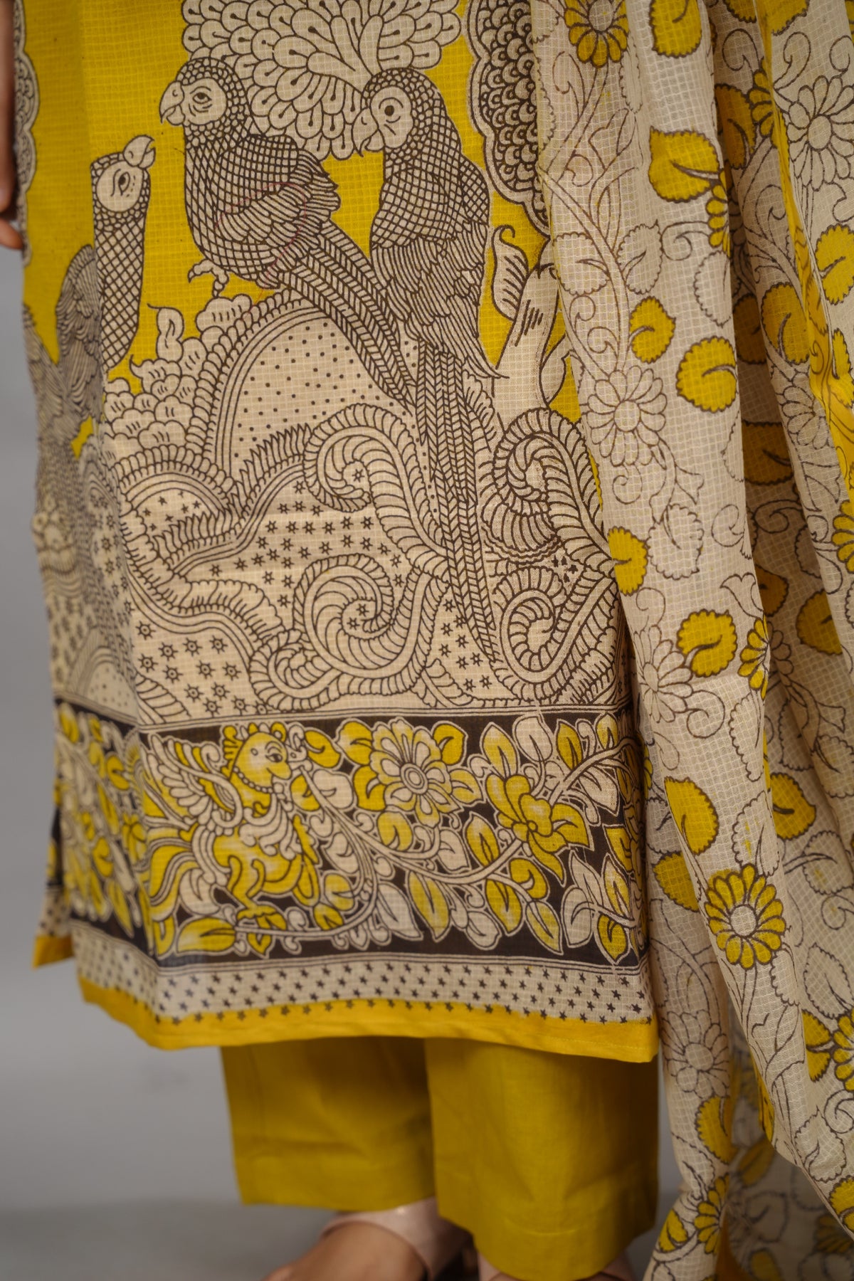Yellow Kalamkari Kota Cotton 3 piece suit (stitched) | Looms & Tassels