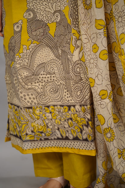 Yellow Kalamkari Kota Cotton 3 piece suit (stitched) | Looms & Tassels