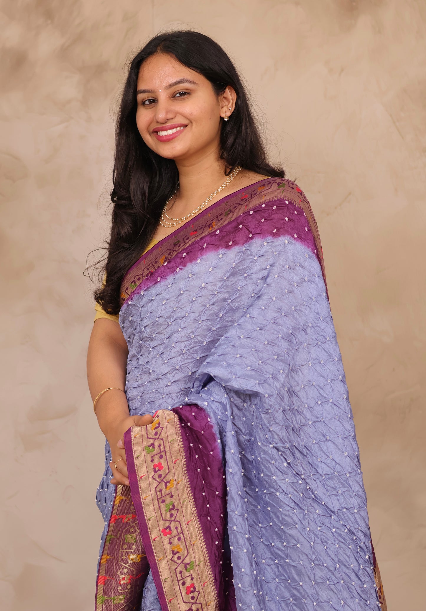 Lavender Blue & Purple Handcrafted Bandhani Paithani Dola Silk Saree | Looms & Tassels