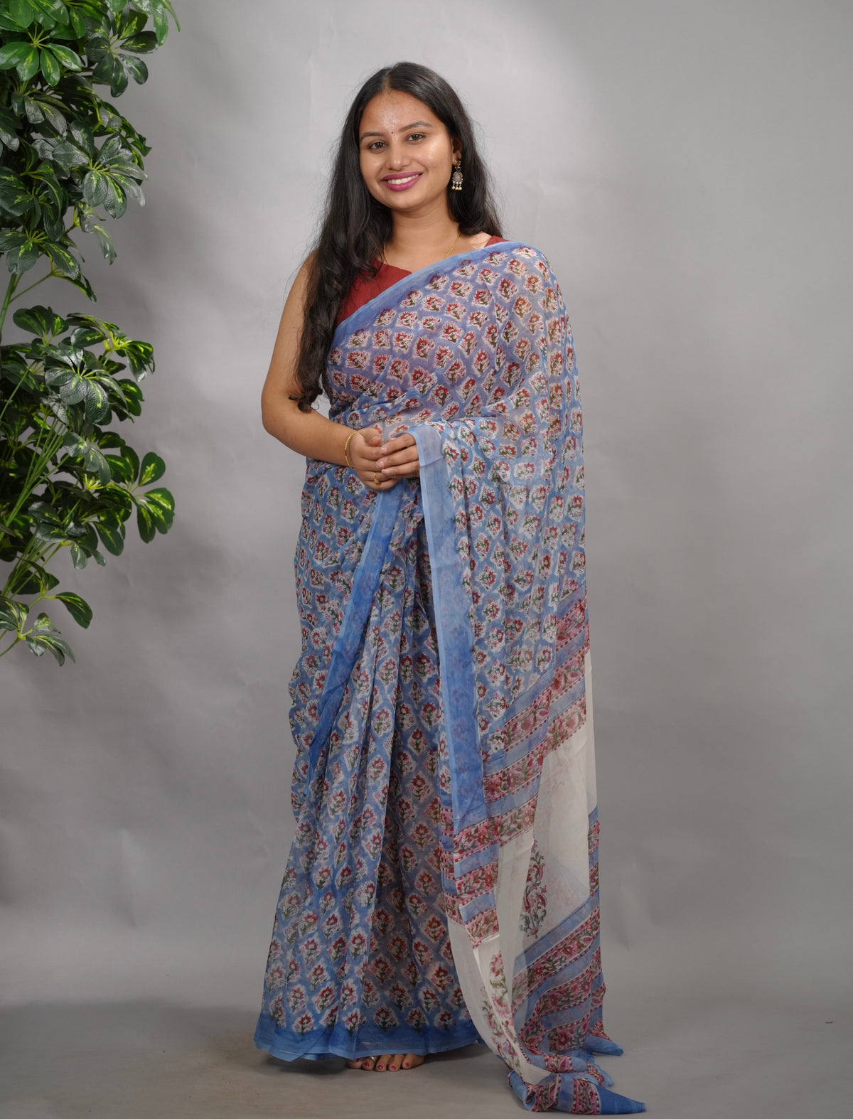 Blue Floral Chiffon Hand Block Printed Saree | Looms & Tassels