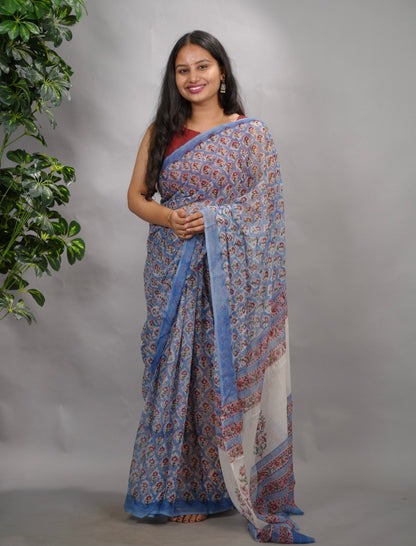 Blue Floral Chiffon Hand Block Printed Saree | Looms & Tassels