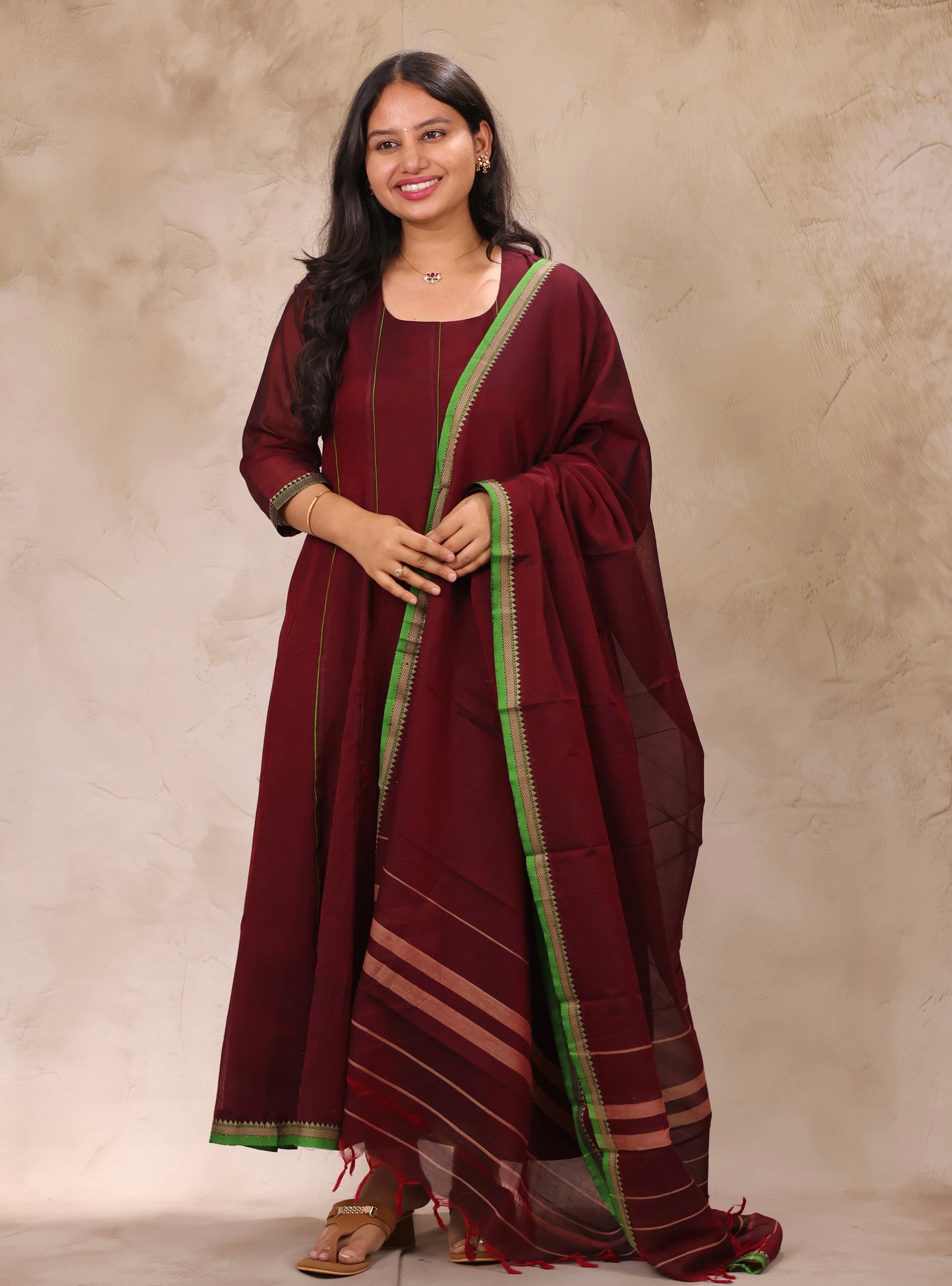 Maroon Narayanpet Cotton Anarkali Dress with Narayanpet Dupatta | Looms & Tassels