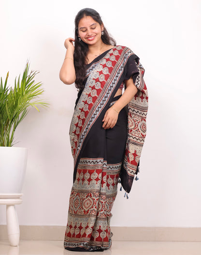 Black Half & Half Authentic Ajrakh Handblock Printed Modal Silk Saree | Looms & Tassels