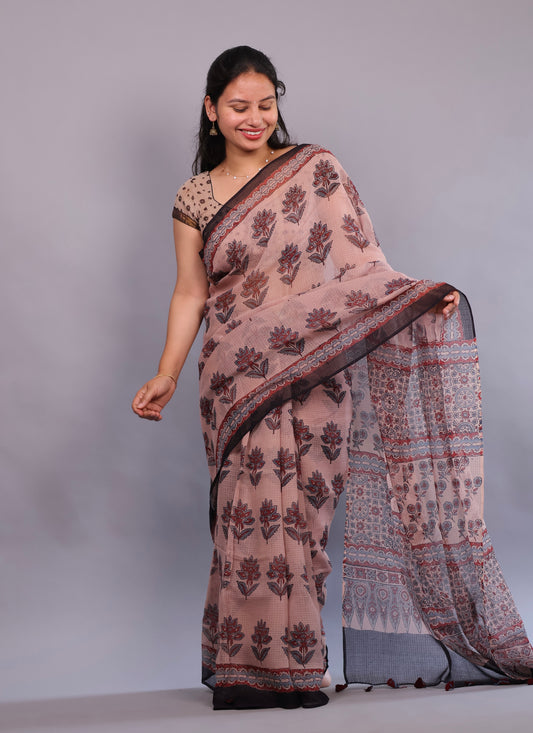 Cream Ajrakh Hand Block Printed Kota Doria Saree | Looms & Tassels