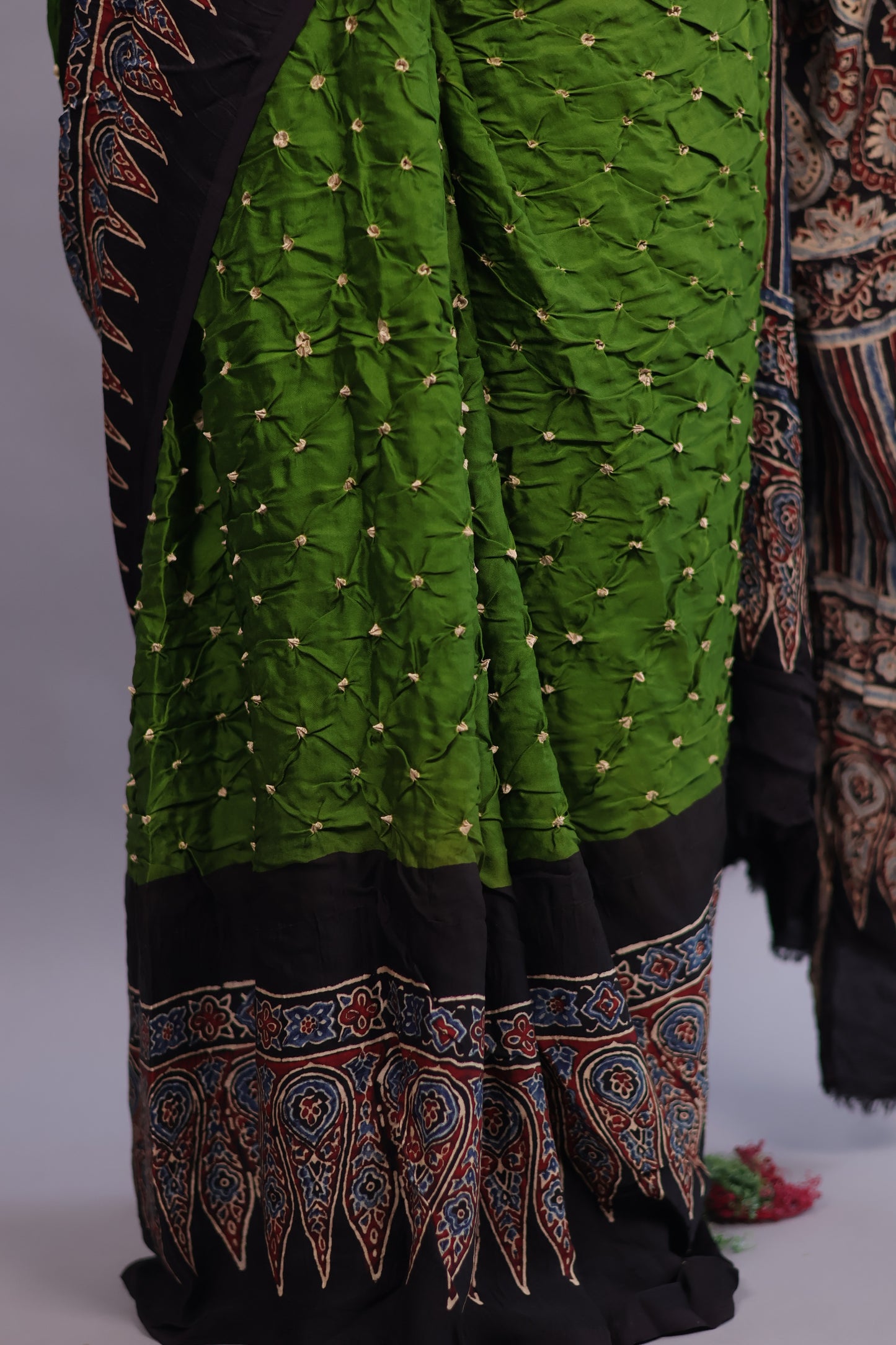 Parrot Green Hand Knotted Ajrakh Bandhej Modal Silk Saree | Looms & Tassels