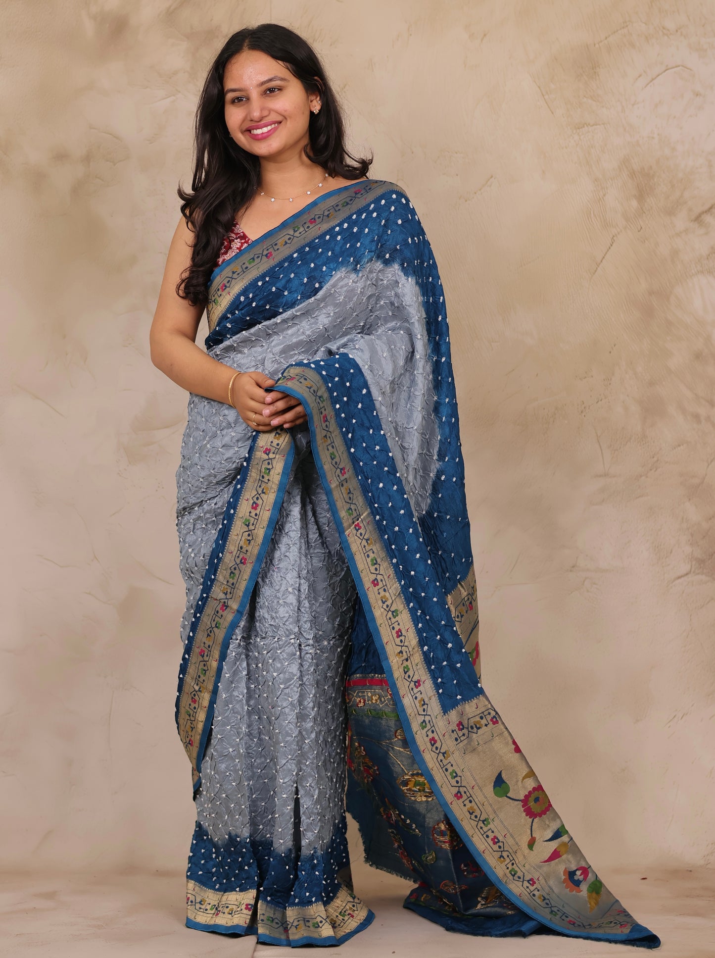 Dual Tone Handcrafted Bandhani Paithani Dola Silk Saree | Looms & Tassels