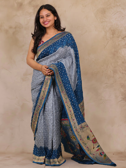 Dual Tone Handcrafted Bandhani Paithani Dola Silk Saree | Looms & Tassels