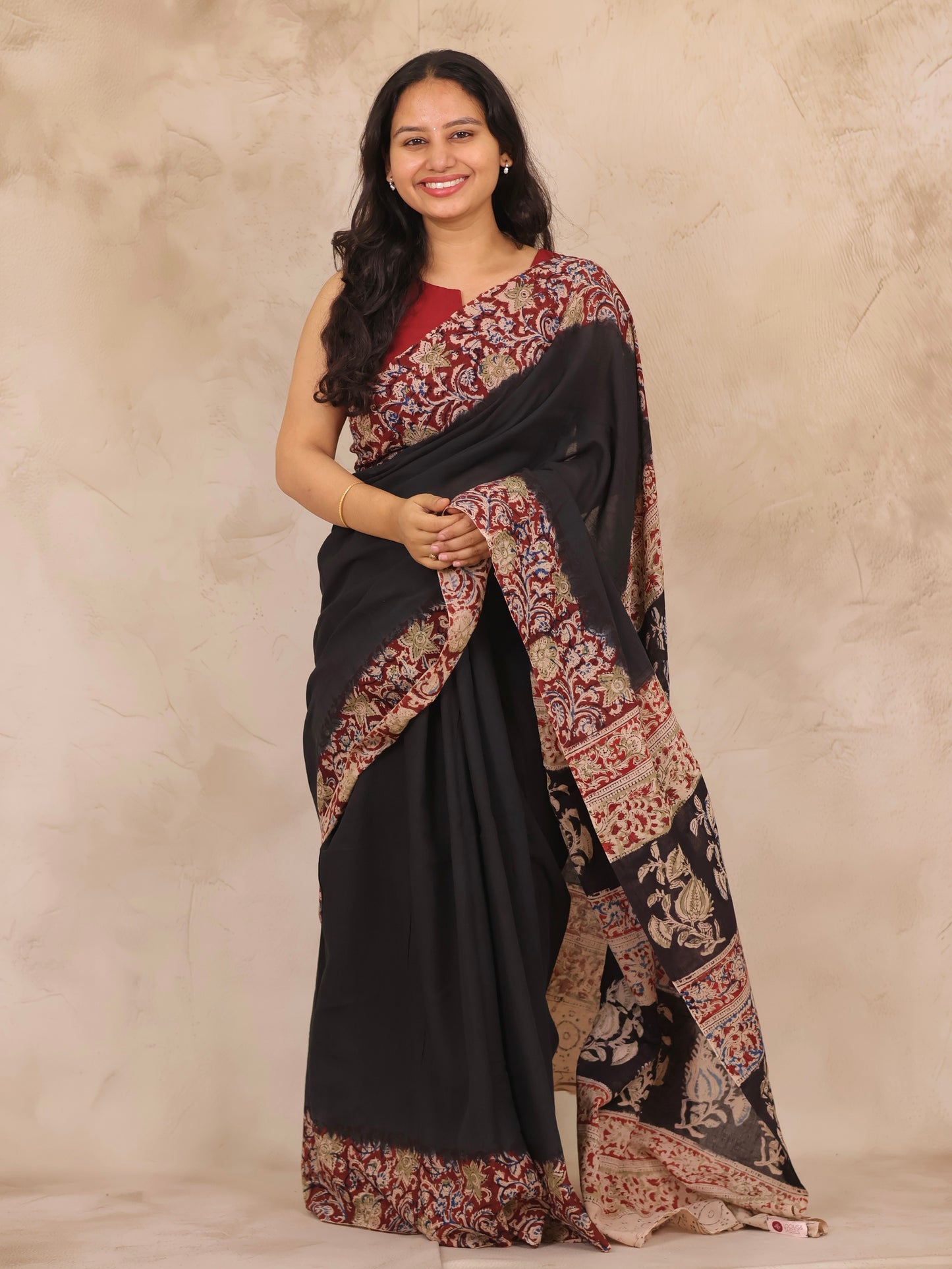 Black Hand Block Printed Kalamkari Cotton Saree | Looms & Tassels