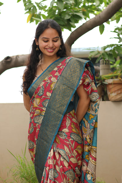 Pink Kanchi border Kalamkari chennur silk saree
