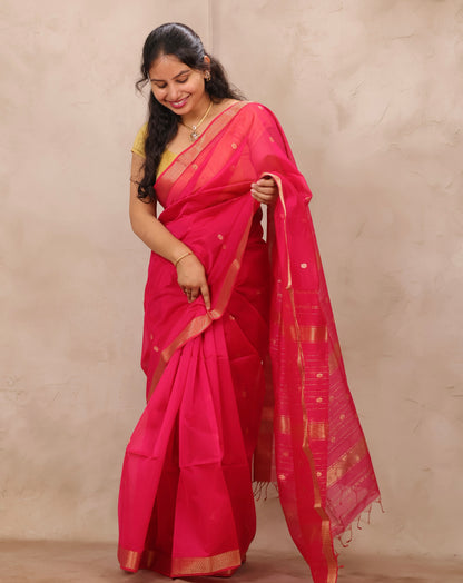 Rani Pink Handloom Maheswari Silk Cotton Sarees | Looms & Tassels