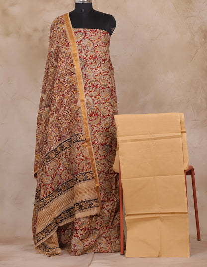 Hand Block Printed Kalamkari Unstitched 3pc Suit Set